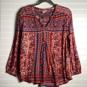 LUCKY BRAND Top Womens L Peasant Blouse Popover Long Sleeve Cotton Linen Red